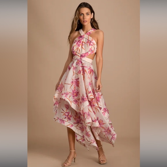 Lulus Dresses & Skirts - SOLD Lulu’s Only a Dream Peach Floral Print Cutout Handkerchief Dress - XS